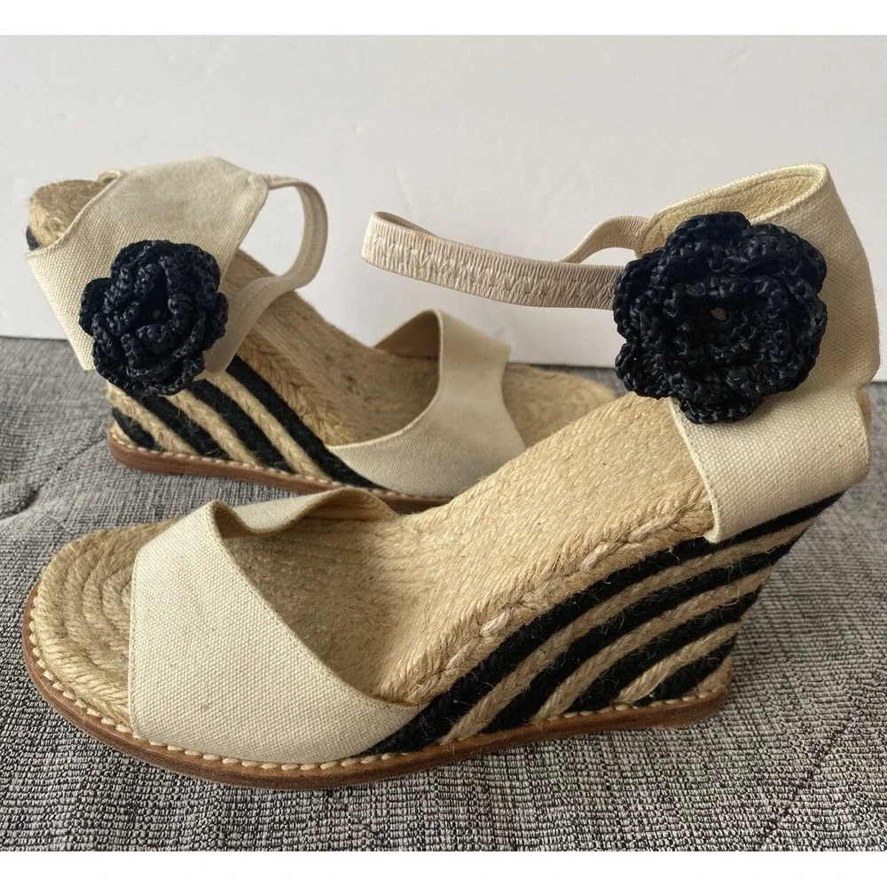 Vintage Kate Spade Ankle Wrap Espedrille Granada Wedges Size 6 Black Canvas